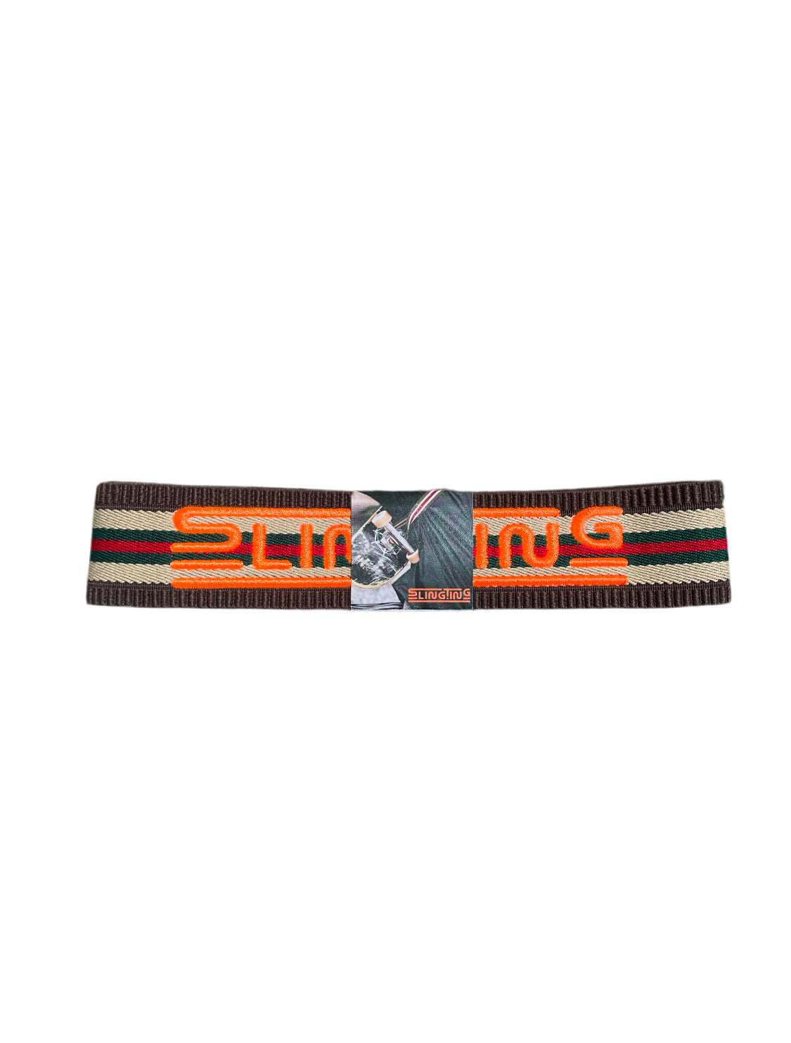 SLINGTING SKATEBOARD SLING - STRIPED BROWN w HIGH VIS ORANGE EMB